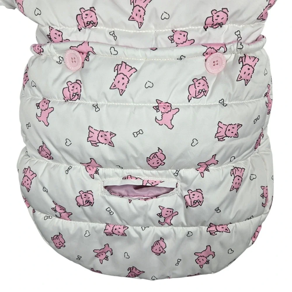London Fog Puffer Bunting Bag Baby Girls 0-6M White Pink Dog Print Fleece Pram